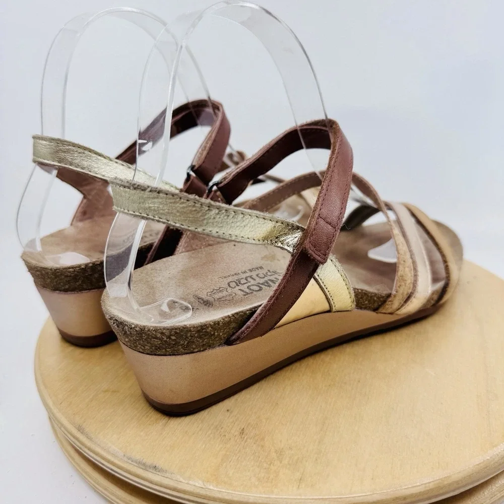 Naot Hero Wedge Sandals Womens EU 38 US 7 Brown Gold Leather Cork Comfort Shoes